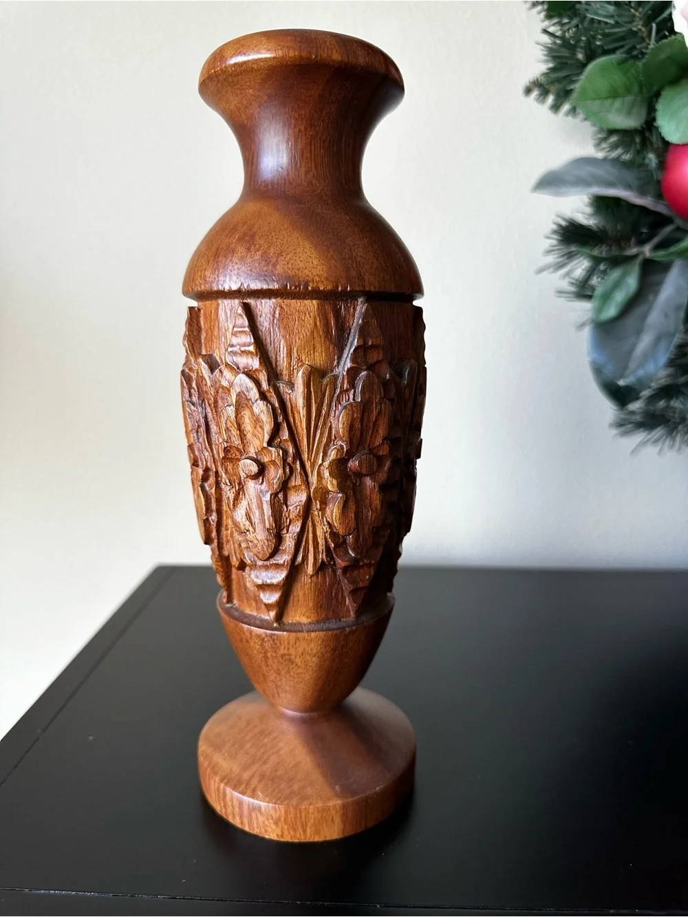 Carved Wood Floral Decorative Vase 10” Brown Natural Grain Rustic Boho Decor
